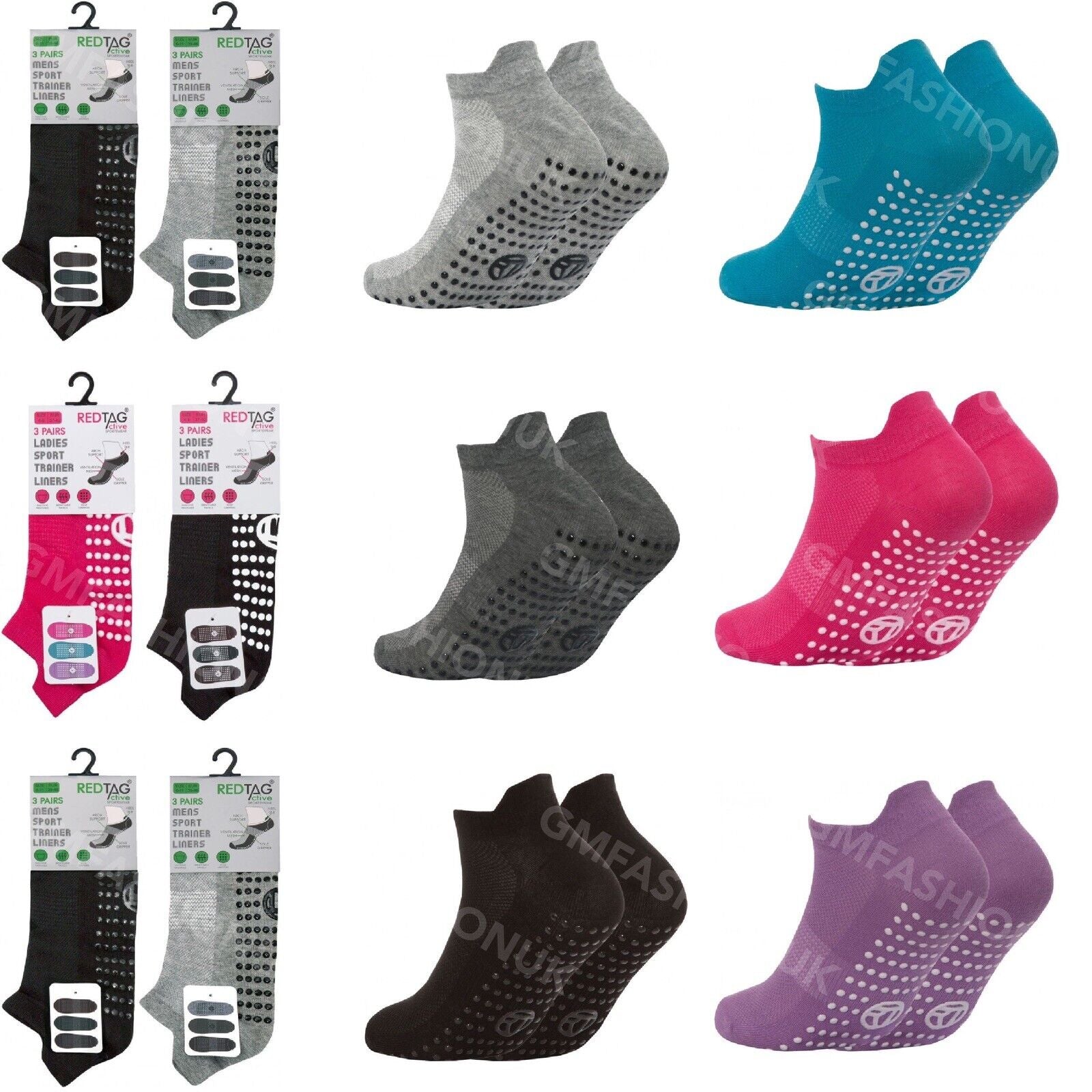 3 Pairs Ladies or Mens Sport Gym Yoga Non Slip Gripper Sole Trainer Liner Socks